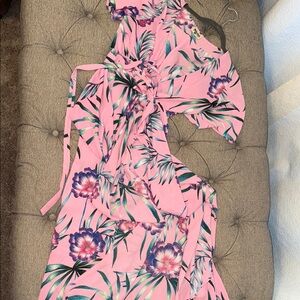 SMYM Tropical Pink Floral Short Sleeve Wrap Dress